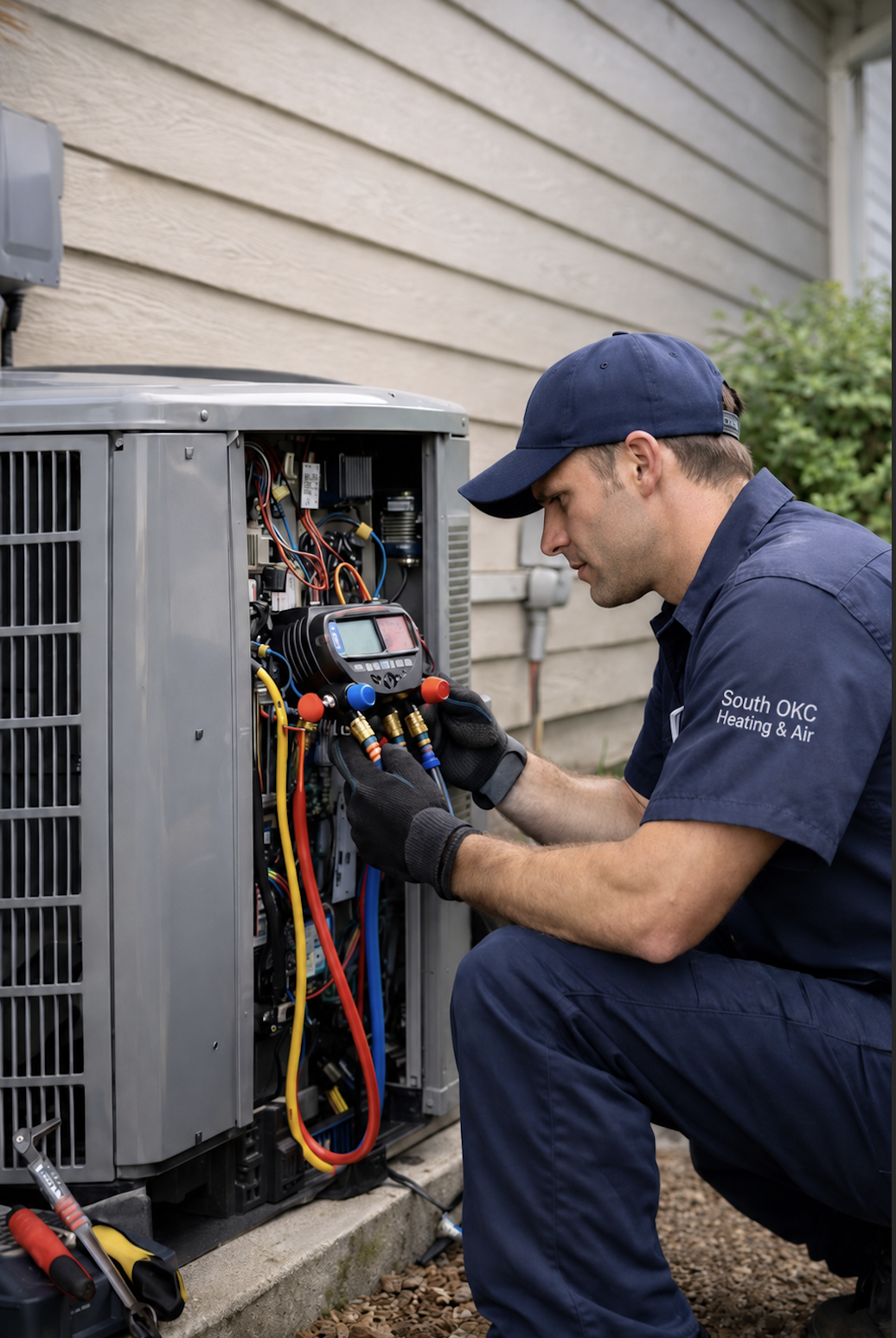 South OKC Heating & Air technician servicing an AC unit