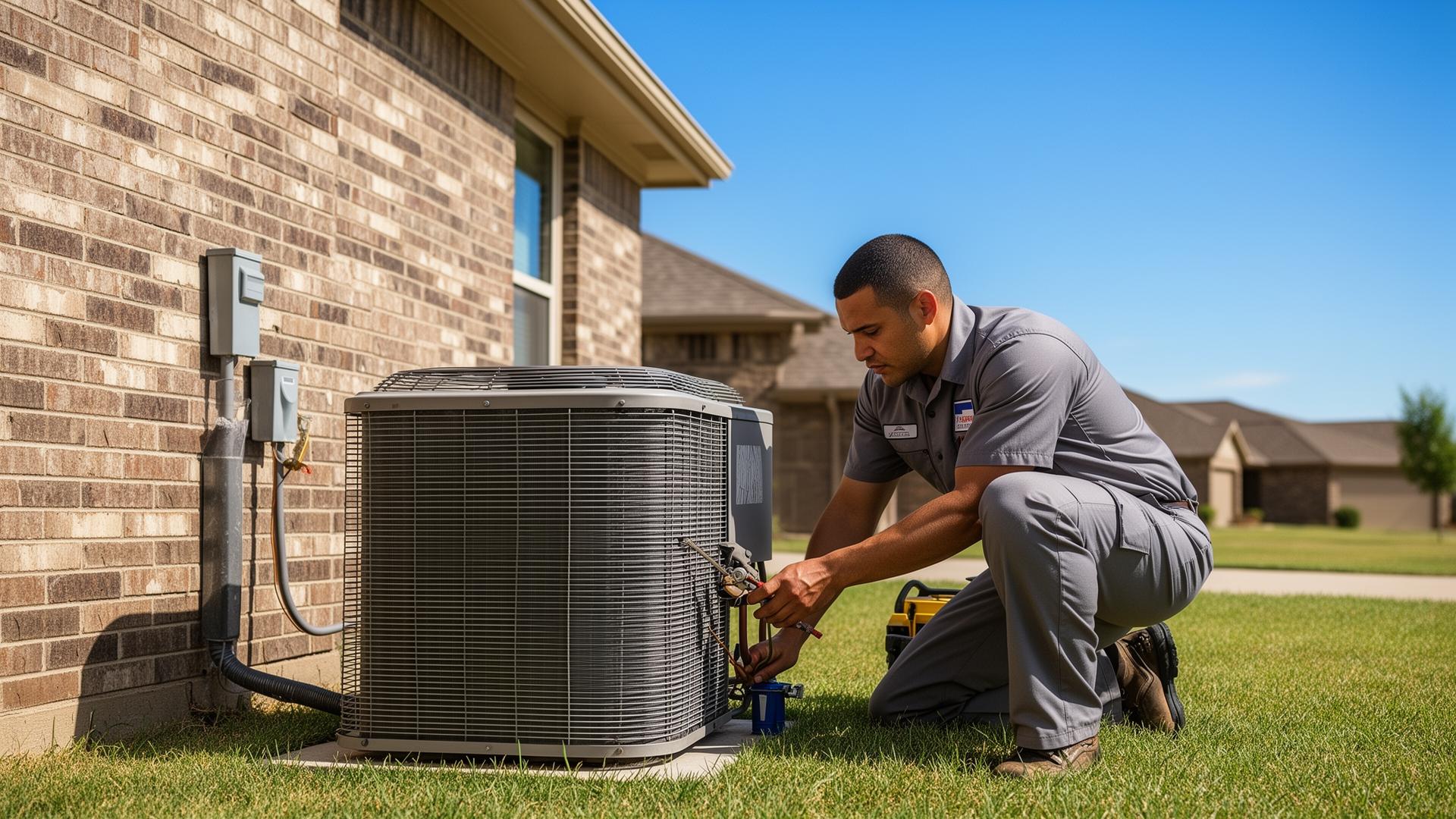 HVAC technician servicing an outdoor AC unit at an Oklahoma home